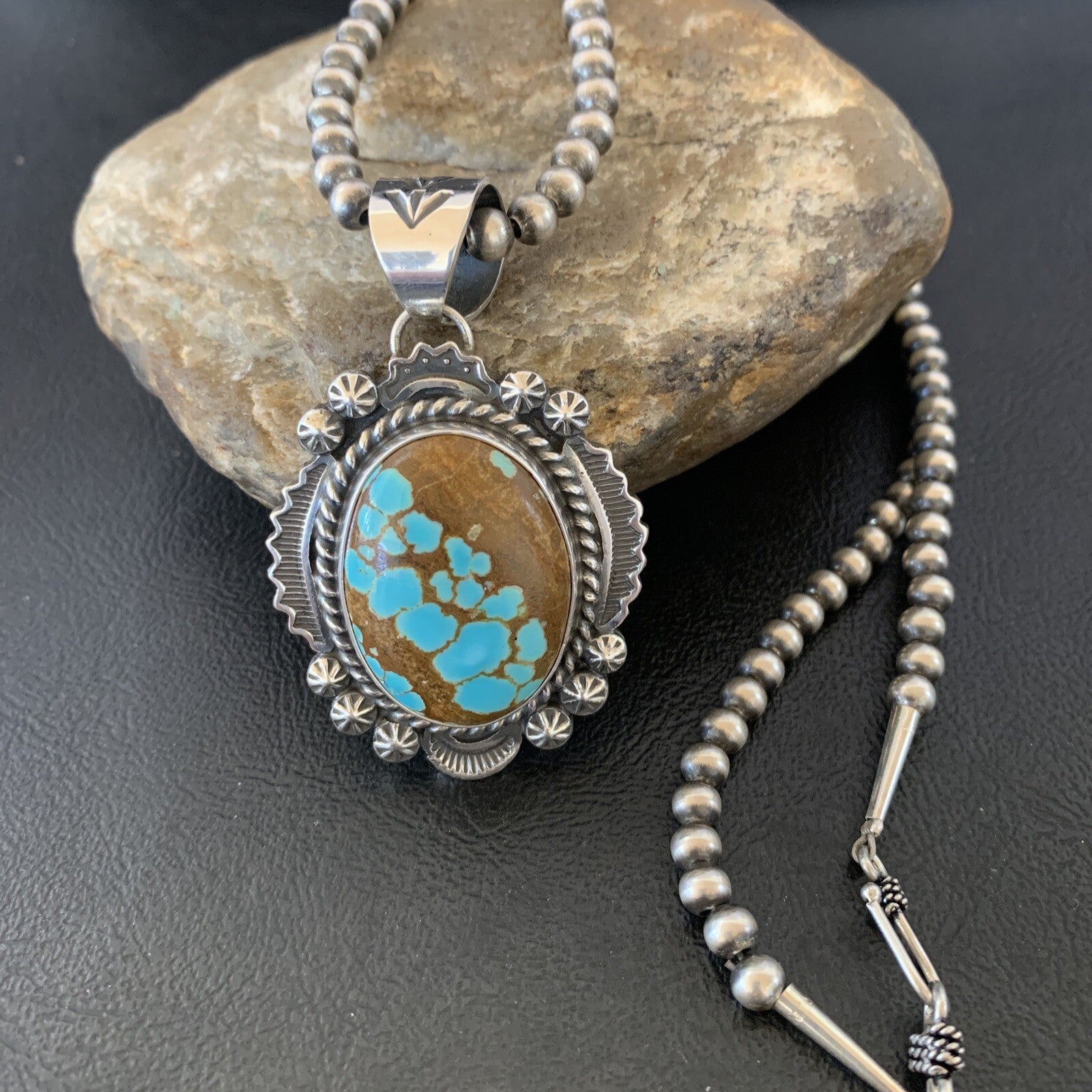 Mens Blue Turquoise #8 Pendant Navajo Pearls Sterling Silver Necklace 10866