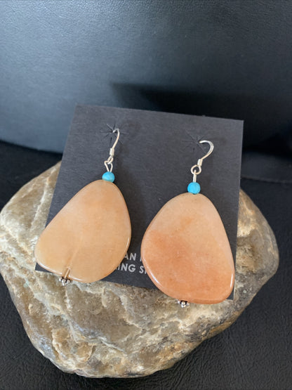 Womens Navajo Tan Jasper Blue Turquoise Sterling Silver Earrings 2" 13101