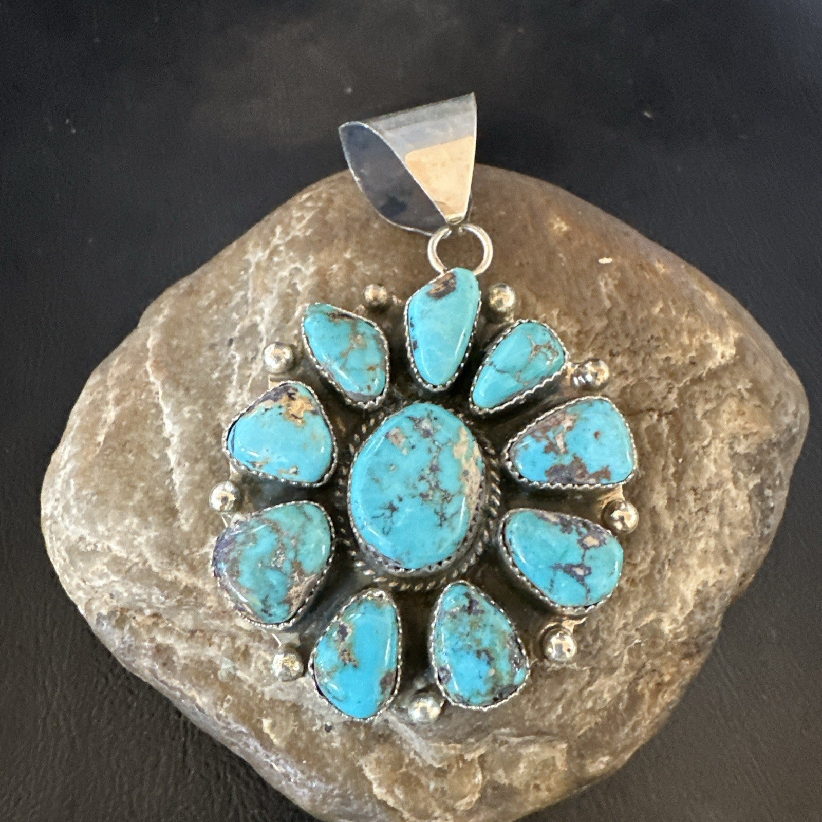 New Cluster  Blue Turquoise Navajo Sterling Silver Pendant 2.75” 19118