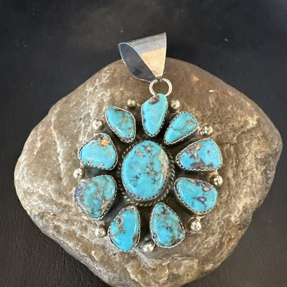 New Cluster  Blue Turquoise Navajo Sterling Silver Pendant 2.75” 19118