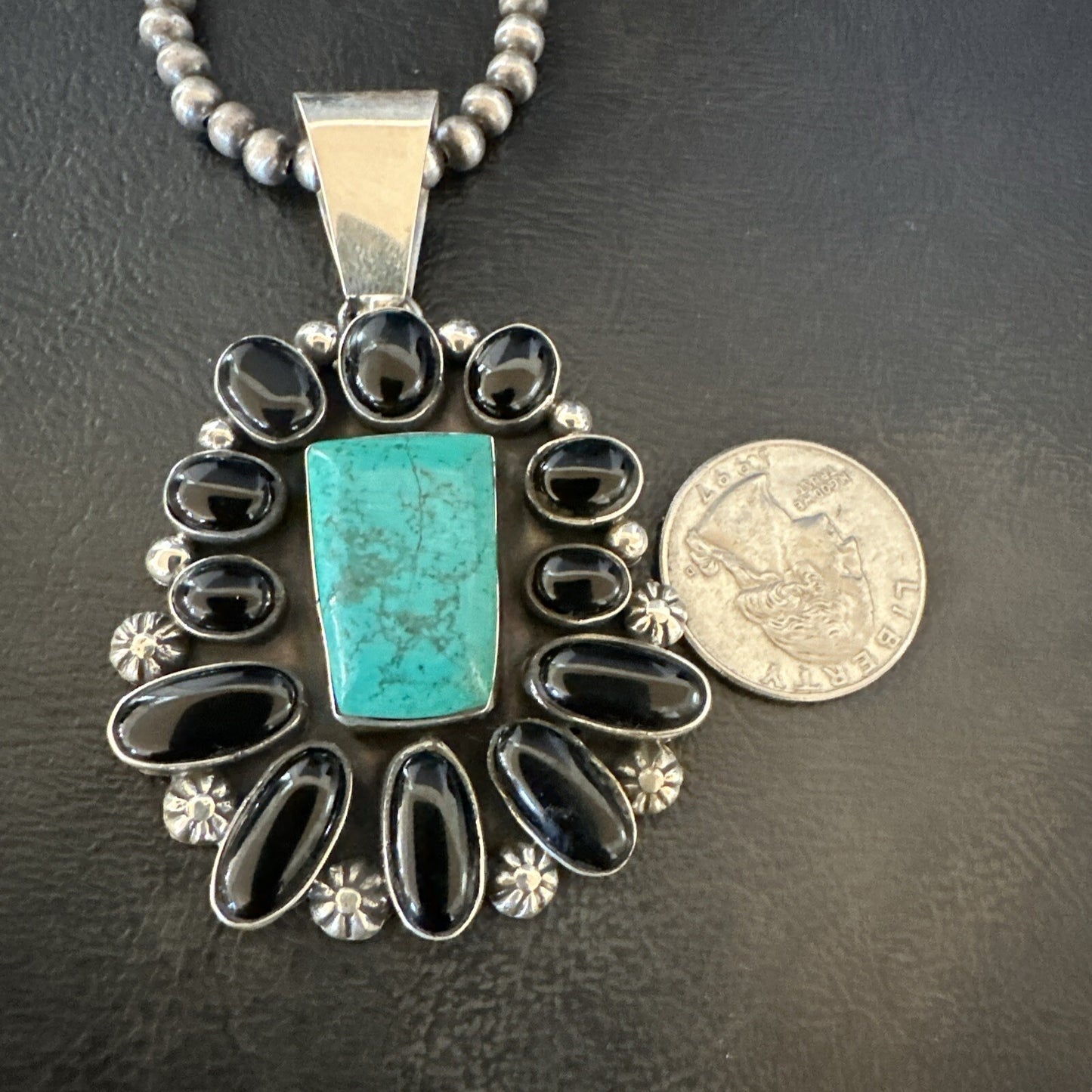Womens Black Onyx Blue Turquoise Pendant Navajo Sterling Silver Necklace 18401