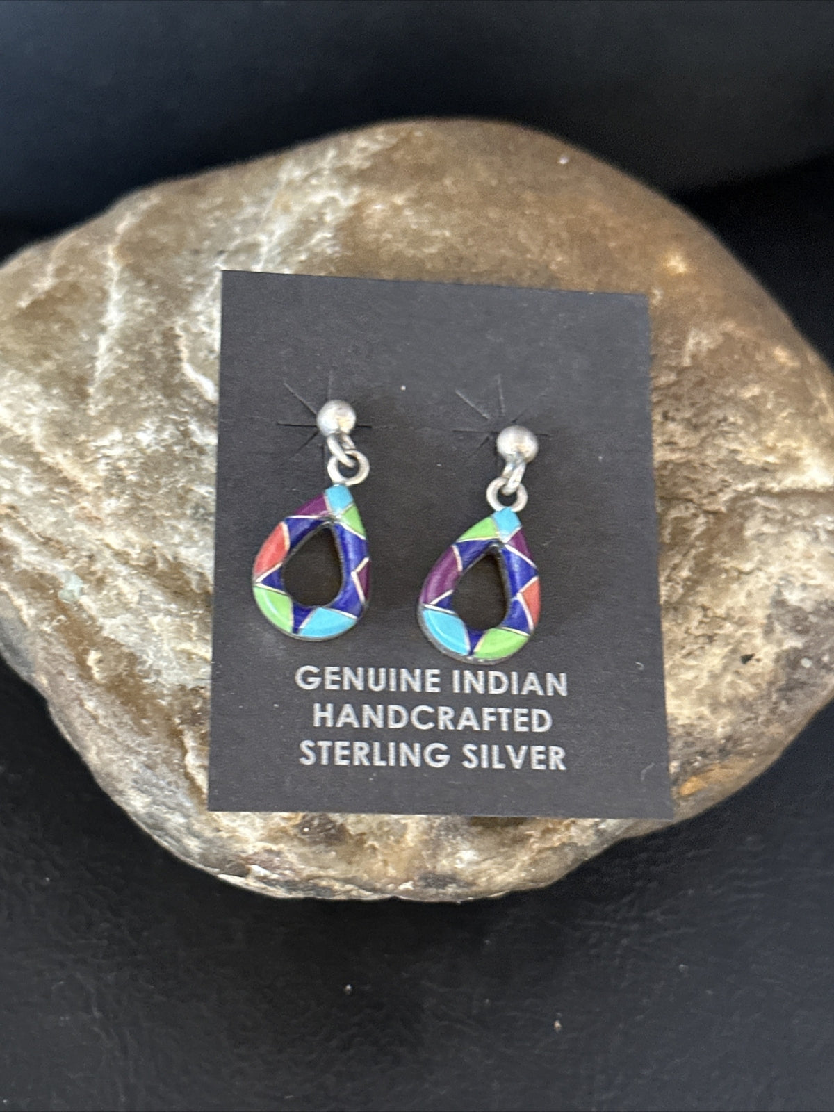 Turquoise Spiny Oyster & Opal Navajo Sterling Silver Inlay Earrings 1” 14411