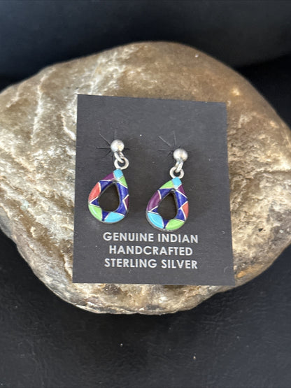 Turquoise Spiny Oyster & Opal Navajo Sterling Silver Inlay Earrings 1” 14411