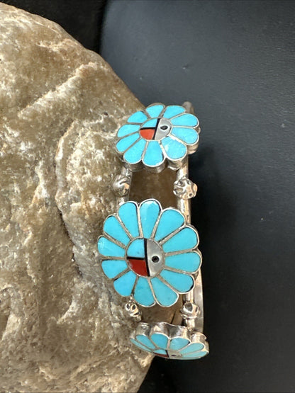 Blue Turquoise Coral MOP Zuni Sterling Silver Inlay Sunface Cuff Bracelet 18873