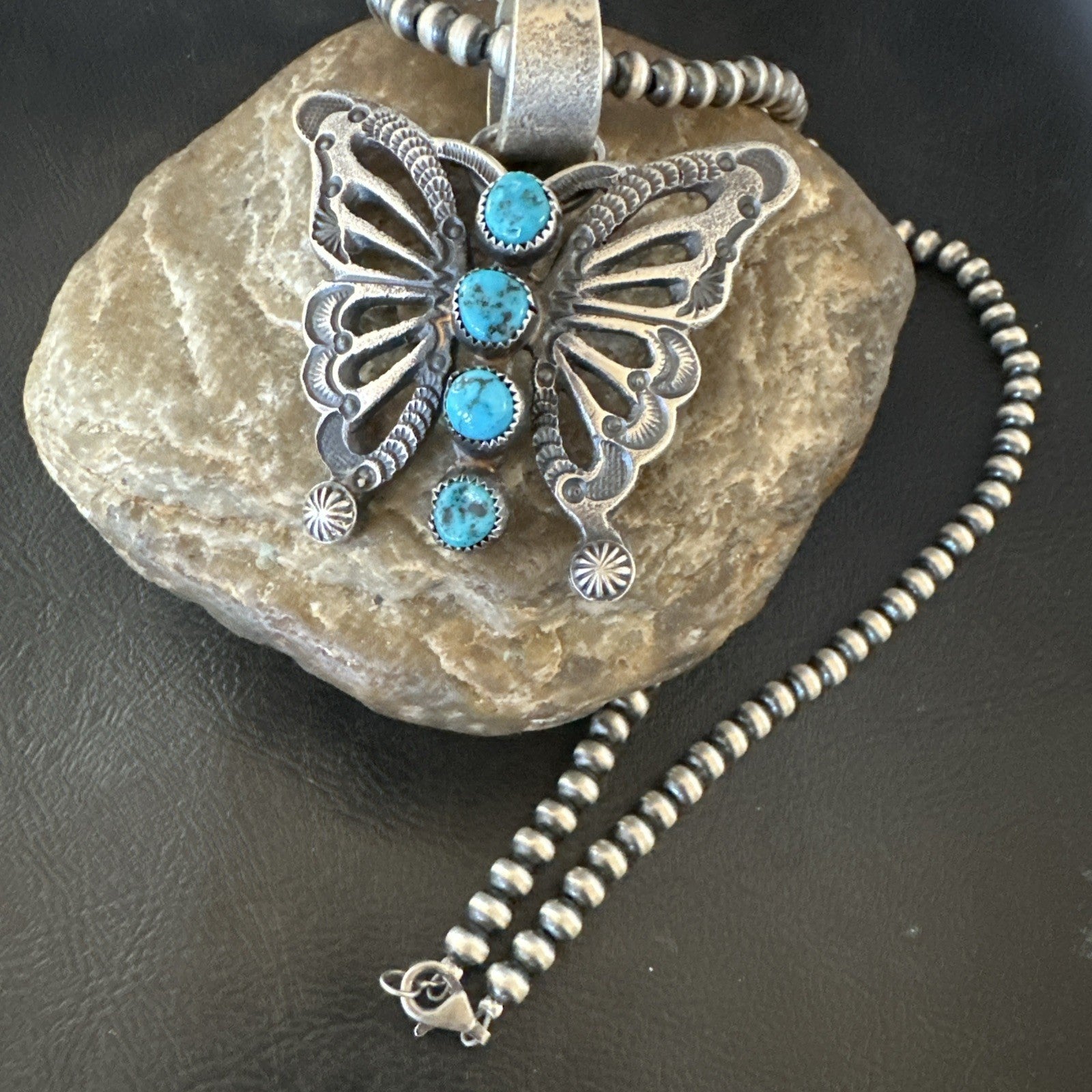 Butterfly Blue Kingman Turquoise Pendant Navajo Sterling Silver Necklace 19295
