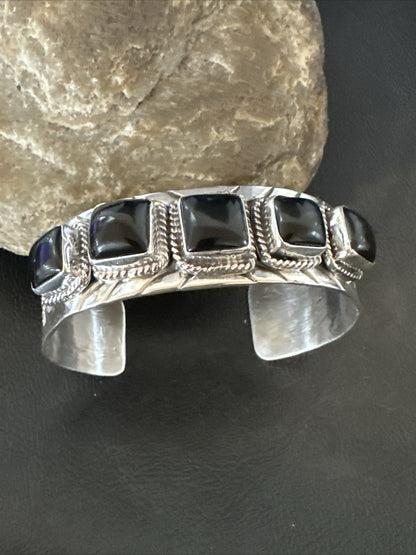 Native Mens Navajo Sterling Silver Black Onyx Cuff Bracelet 5 Stone 18020