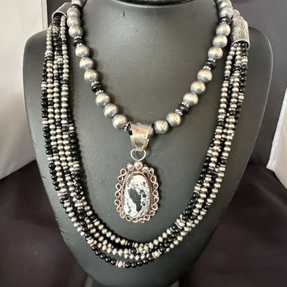 White Buffalo Black Onyx Sterling Silver Navajo Pearls Strand Necklace Set 19020