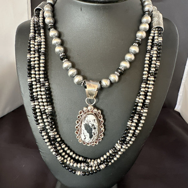 White Buffalo Black Onyx Navajo Pearls Strand Necklace Set | Sterling Silver | Authentic Native American Handmade | 19020