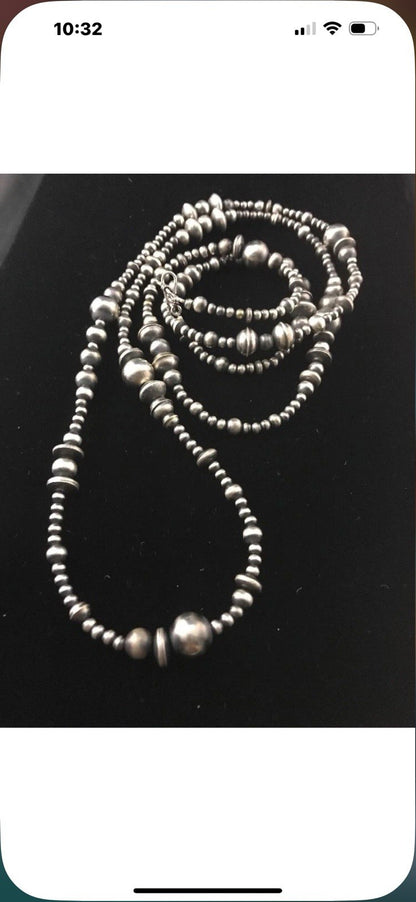 48” Long Navajo Pearls Mixed Bead Sterling Silver Necklace