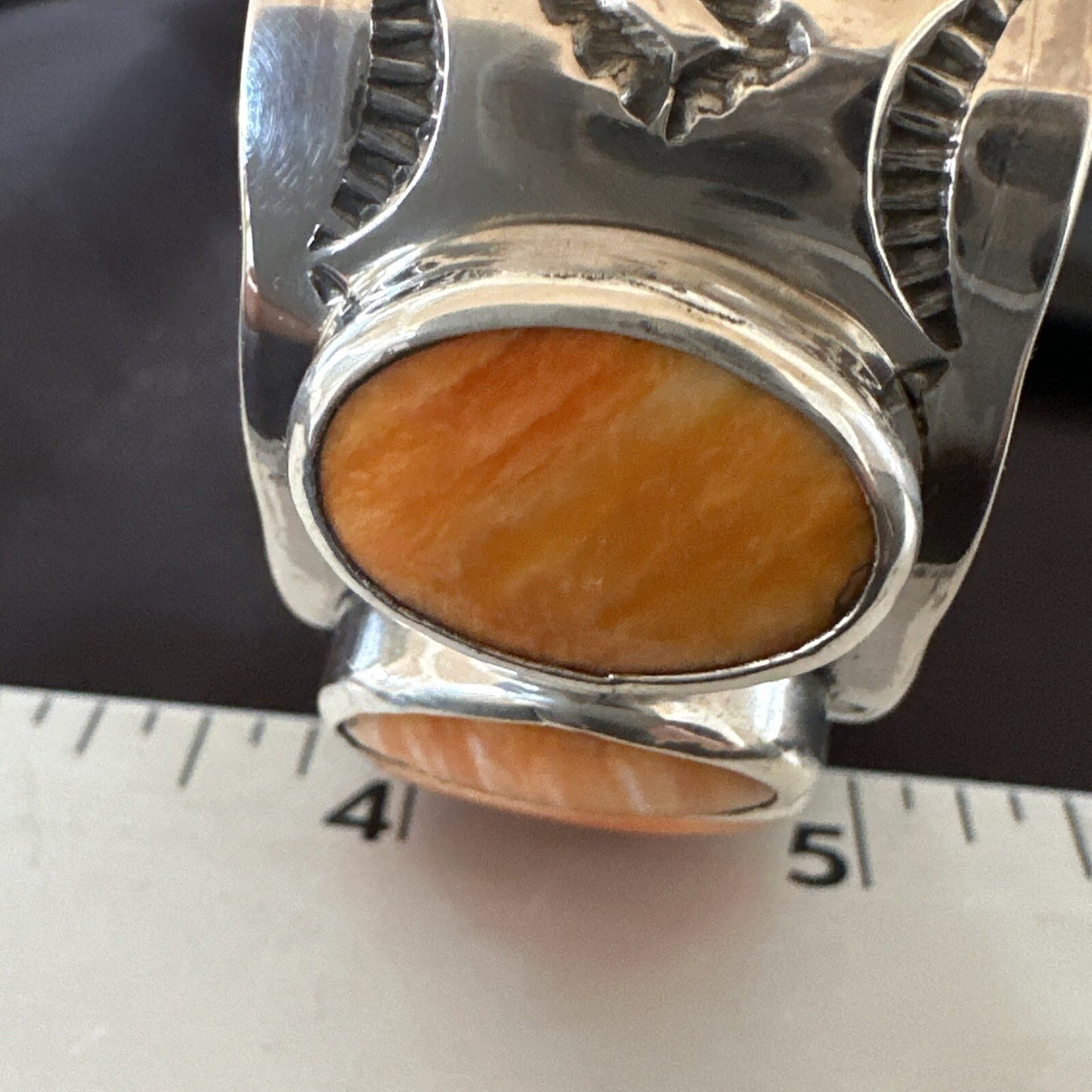 Stamped Orange Spiny Oyster Navajo Sterling Silver 5 Stone Cuff Bracelet 17942