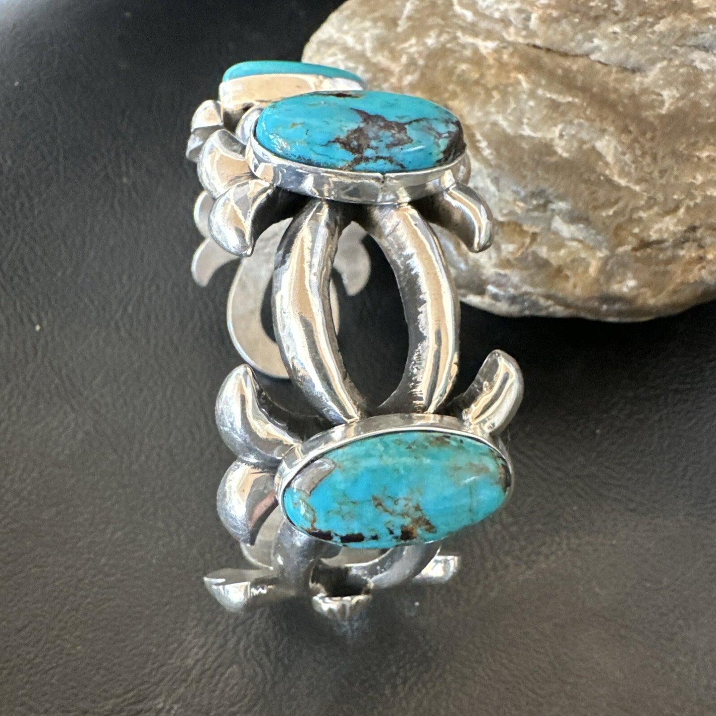 Tufa Cast Blue Turquoise 3 Stone Navajo Sterling Silver Cuff Bracelet 18572