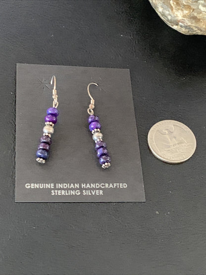 Purple Stone Navajo Sterling Silver Dangle Bead Earrings 1" 15353