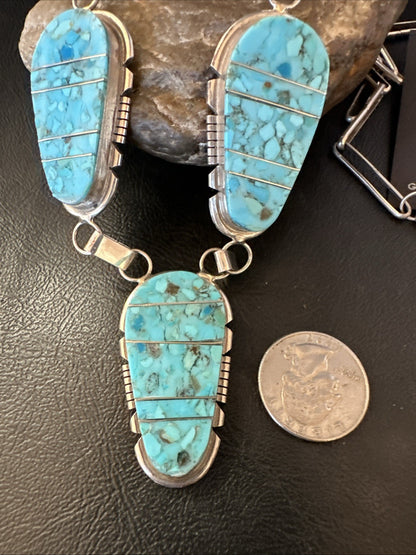 Inlay Kingman Turquoise Sterling Silver Lariat Necklace Pendant Earrings 19075