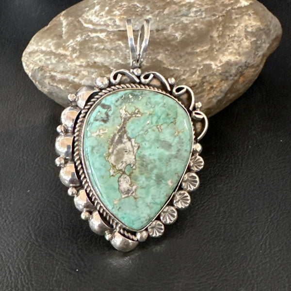 Men Women Green Royston Turquoise Pendant Navajo Yazzie | Sterling Silver | Authentic Native American Handmade | 19521