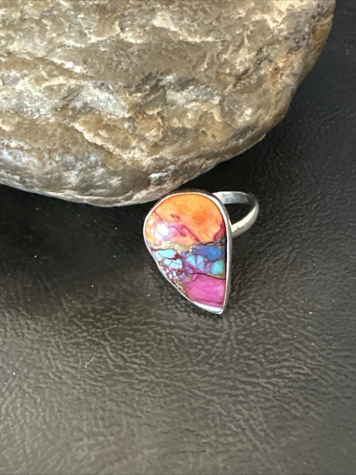 Blue Turquoise Spiny Oyster Southwestern Sterling Silver Ring Size 9 18464