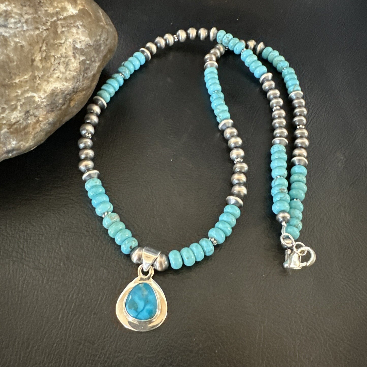 WoMens Blue Kingman Turquoise Pendant Navajo Sterling Silver Necklace 21" 17978