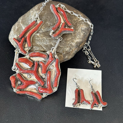 Branch Real Coral Zuni Inlay Sterling Silver Necklace Earrings 21" Set 19276