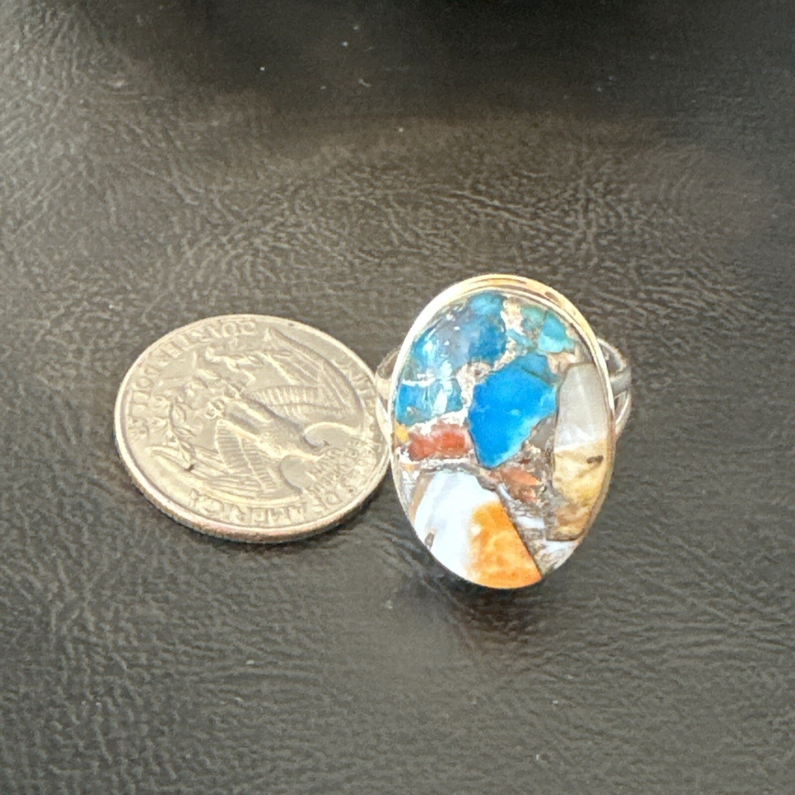 Blue Turquoise Spiny Oyster Southwestern Sterling Silver Ring Size 11 18448
