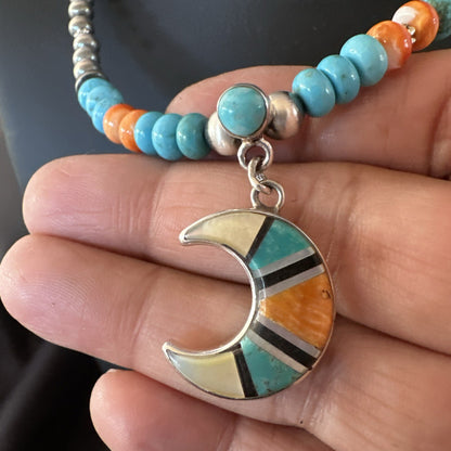 Crescent Multicolor Turquoise Pendant Navajo Sterling Silver Necklace 18731