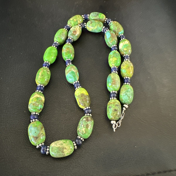 Green Turquoise Lapis Nugget Southwestern Necklace 22" | Sterling Silver | Authentic Native American Handmade | 19249