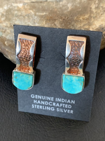 Womens Inlay Earrings Navajo Blue Turquoise Sterling Silver Brass 1" 13106