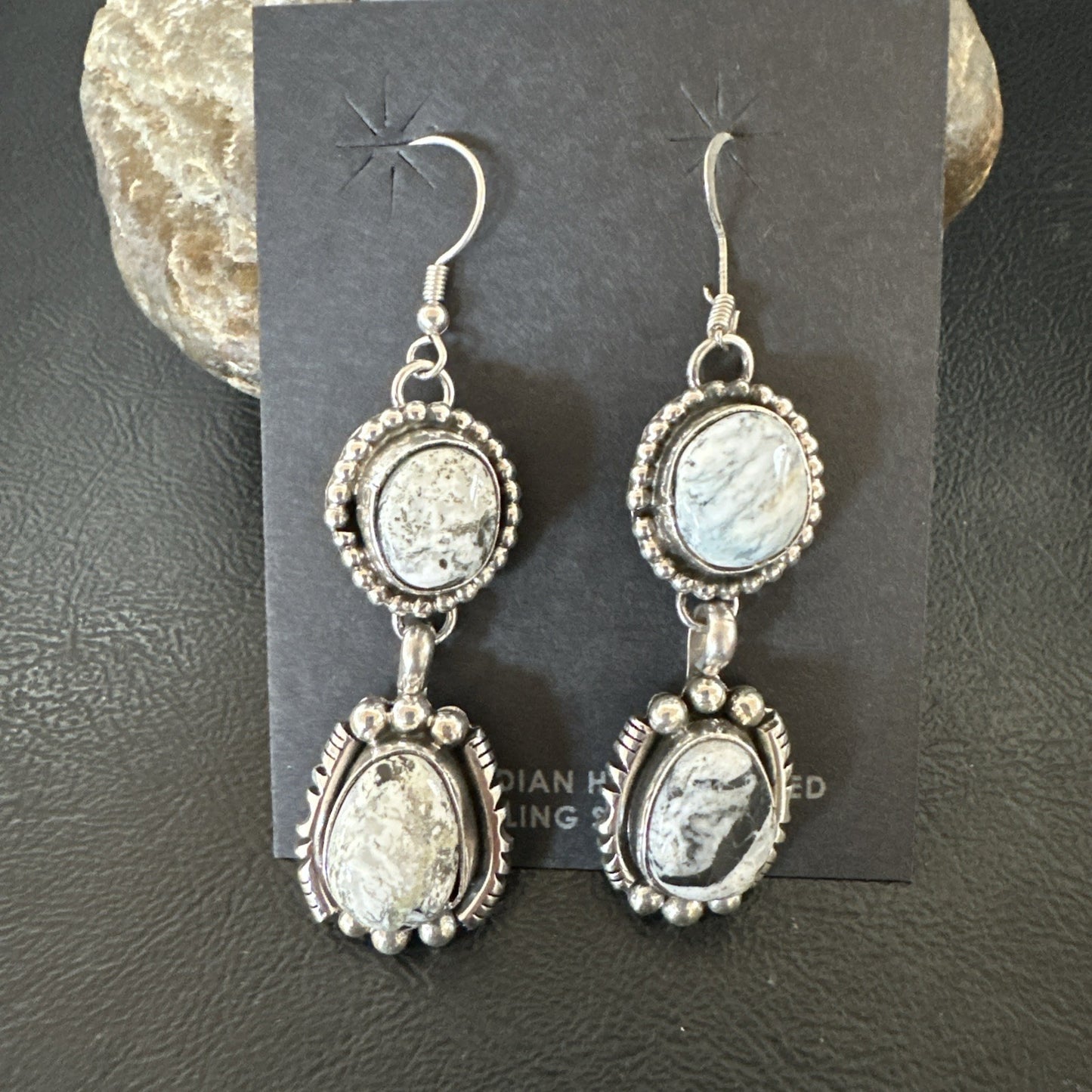 Womens Navajo White Buffalo Turquoise Sterling Silver Dangle Earrings 2" 19309