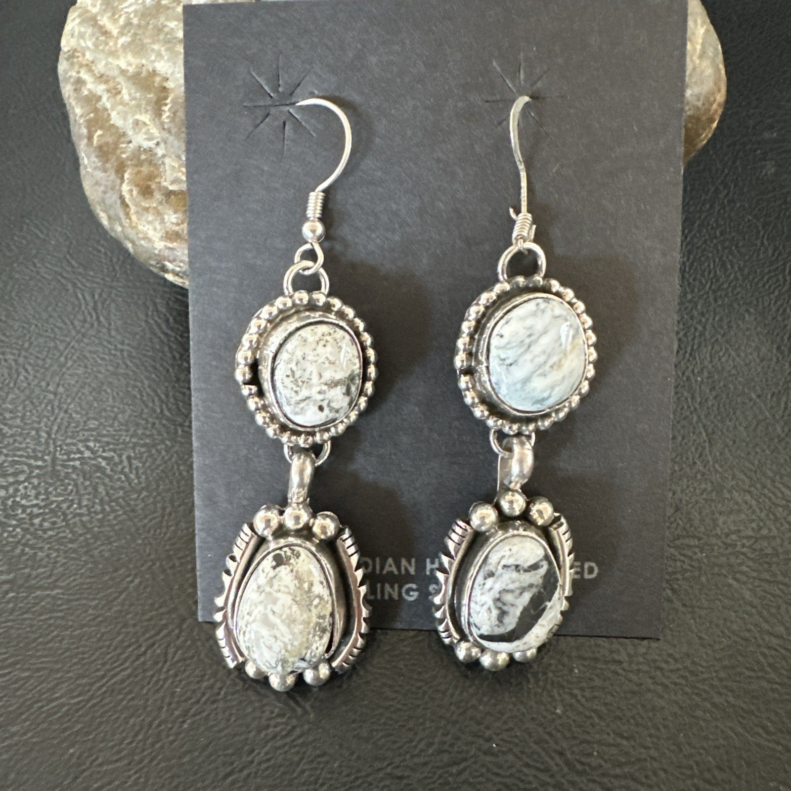 Womens Navajo White Buffalo Turquoise Sterling Silver Dangle Earrings 2" 19309
