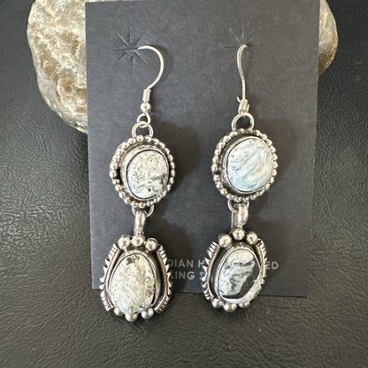 Womens Navajo White Buffalo Turquoise Sterling Silver Dangle Earrings 2" 19309