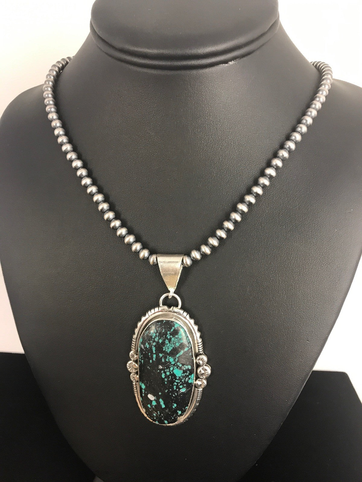 Green SpiderWeb Turquoise Pendant Navajo Pearls Sterling Silver Necklace 1329