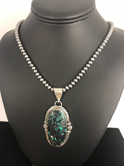 Green SpiderWeb Turquoise Pendant Navajo Pearls Sterling Silver Necklace 1329