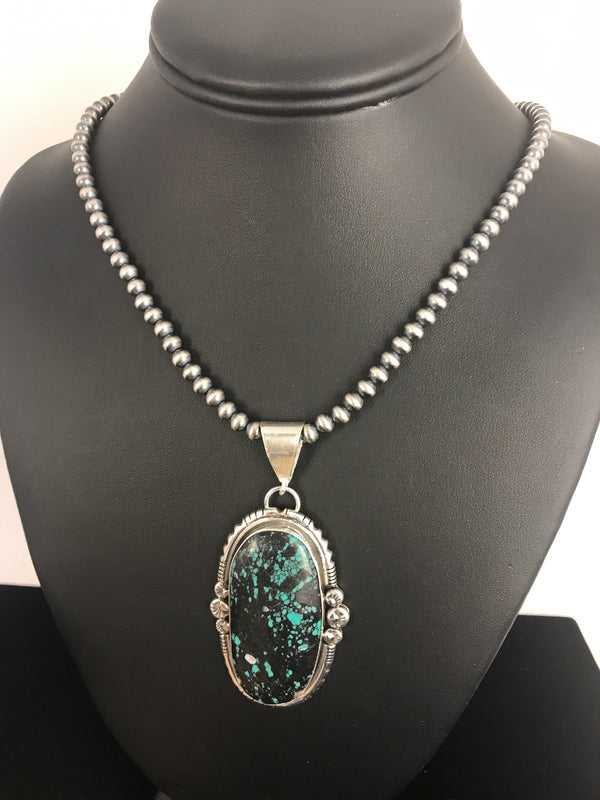Green SpiderWeb Turquoise Pendant Navajo Pearls Necklace | Sterling Silver | Authentic Native American Handmade | 1329