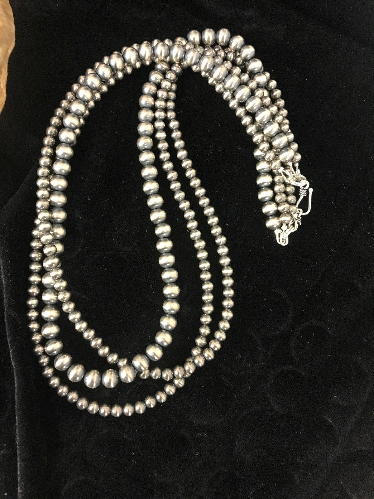 Native American 4, 5, 6 mm Sterling Silver Beads 3 Strand 30” Necklace