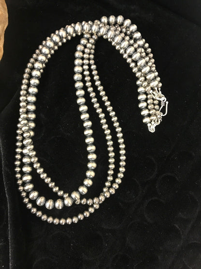 Native American 4, 5, 6 mm Sterling Silver Beads 3 Strand 30” Necklace