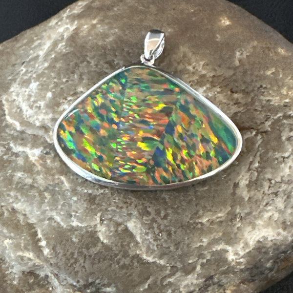 Men's Women's Multicolor Gilson Opal Navajo Inlay Pendant | Sterling Silver | Authentic Native American Handmade | 18612