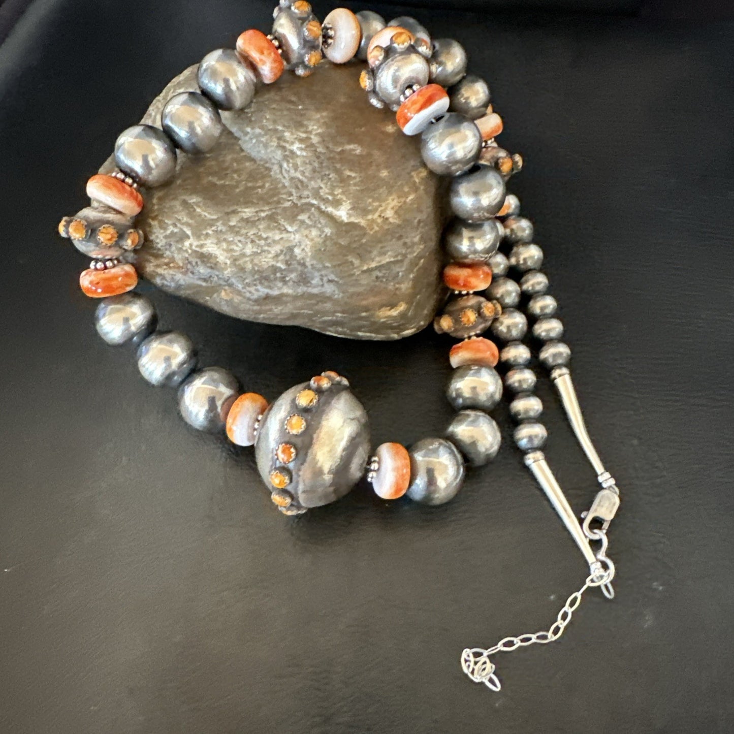 XL Orange Spiny Oyster Navajo Pearls Graduated Sterling Bead Necklace 25" 19610