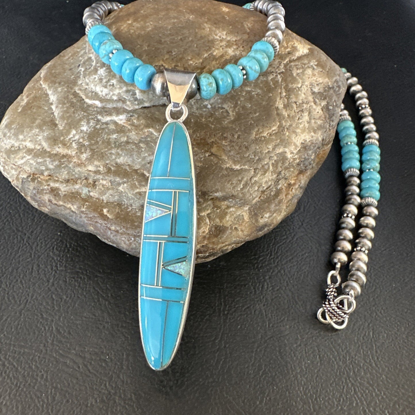 Blue Turquoise Pendant Navajo Pearls Sterling Silver Necklace 15425