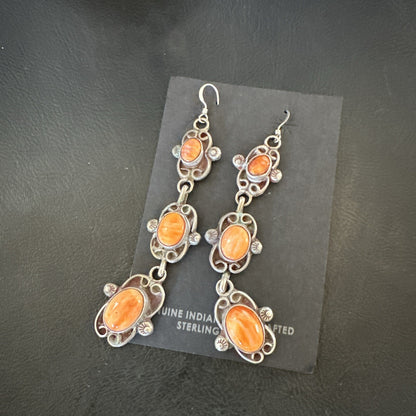 Native Navajo Sterling Silver Orange Spiny Oyster Dangle Earrings 1227
