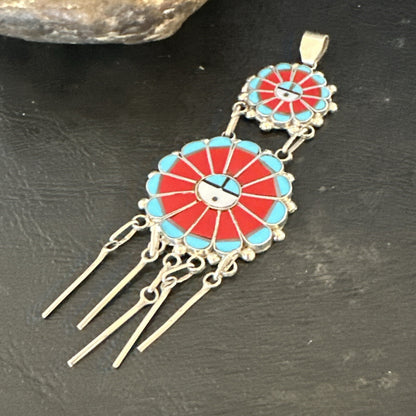 Sunface Zuni Inlay Turquoise Coral MOP Sterling Silver Pendant 3.5" 17771