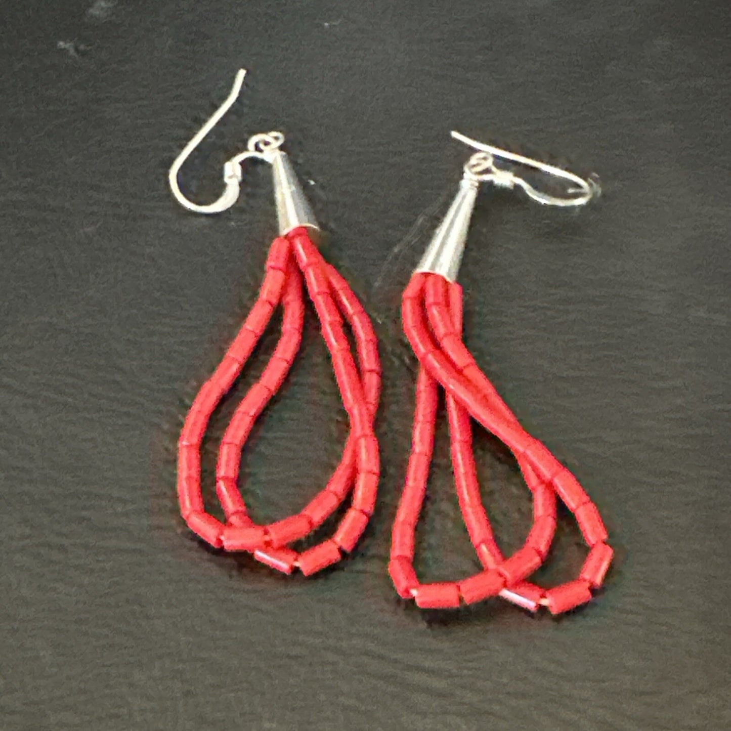 Native Red Coral Heishi Tube Liquid Sterling Silver Dangle Earrings 2" 4394