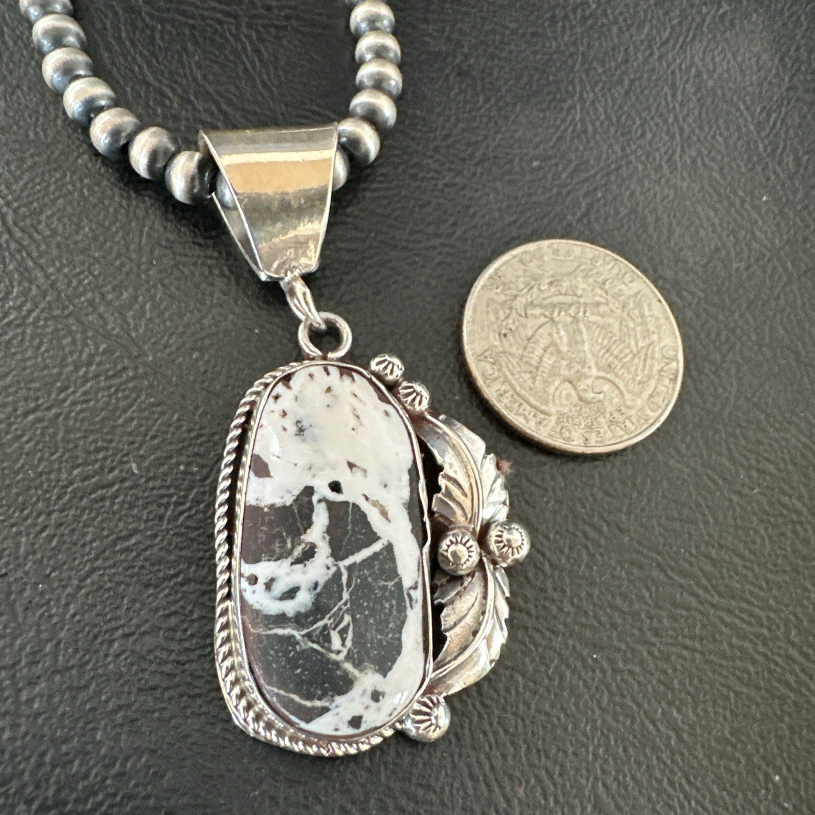White Buffalo Turquoise Pendant Navajo Pearls Sterling Silver Necklace 19346