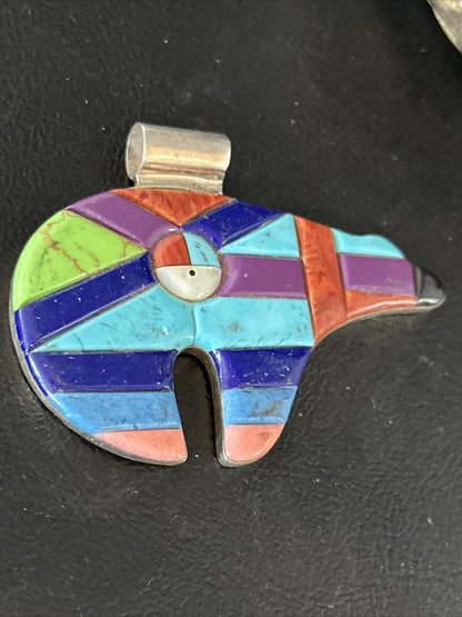 BEAR Mens Womens Navajo Sterling Multi-Color Turquoise Inlay Pendant 14226