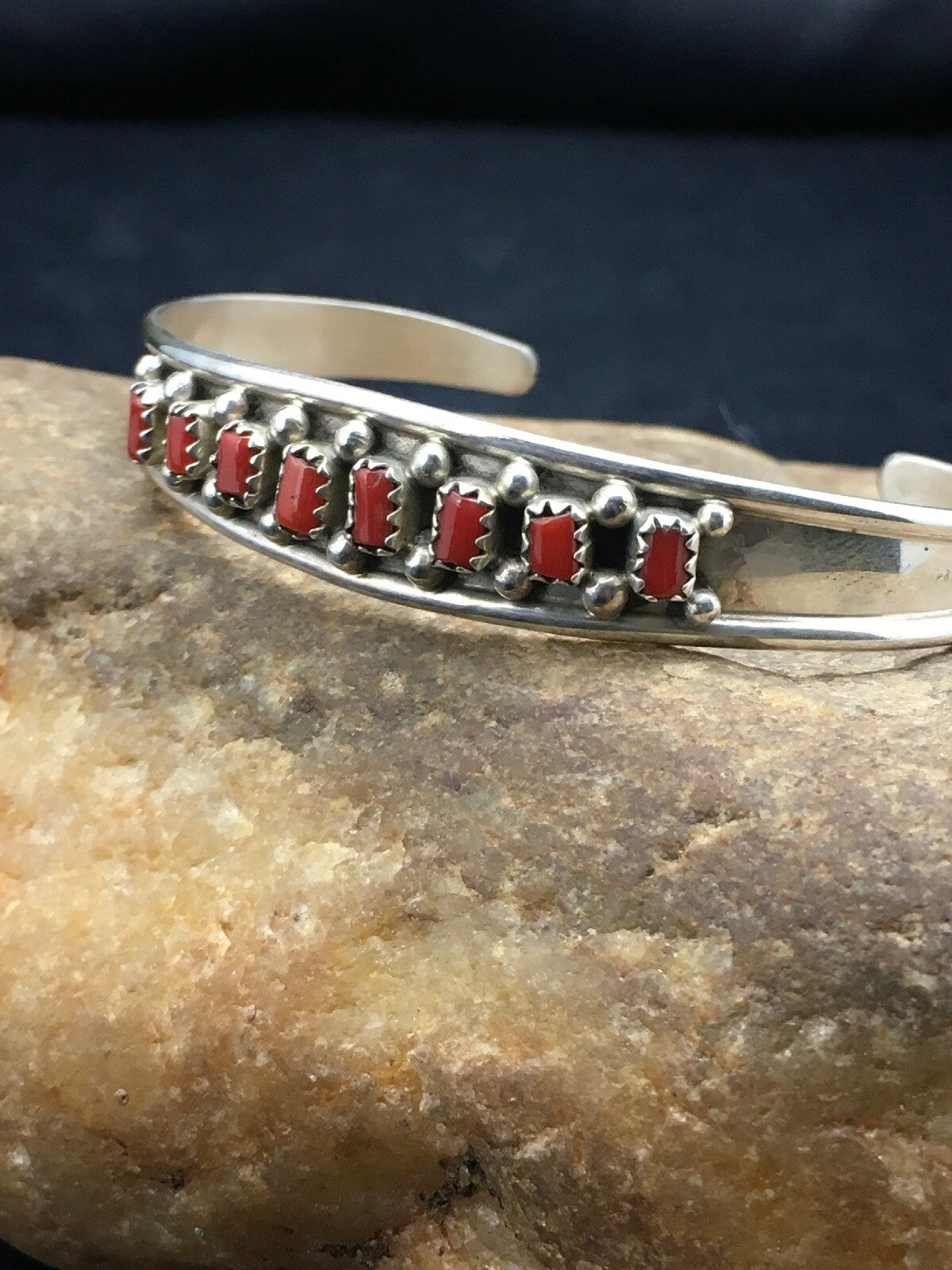 Native American Indian Coral Petite Navajo Sterling Silver Bracelet 04027