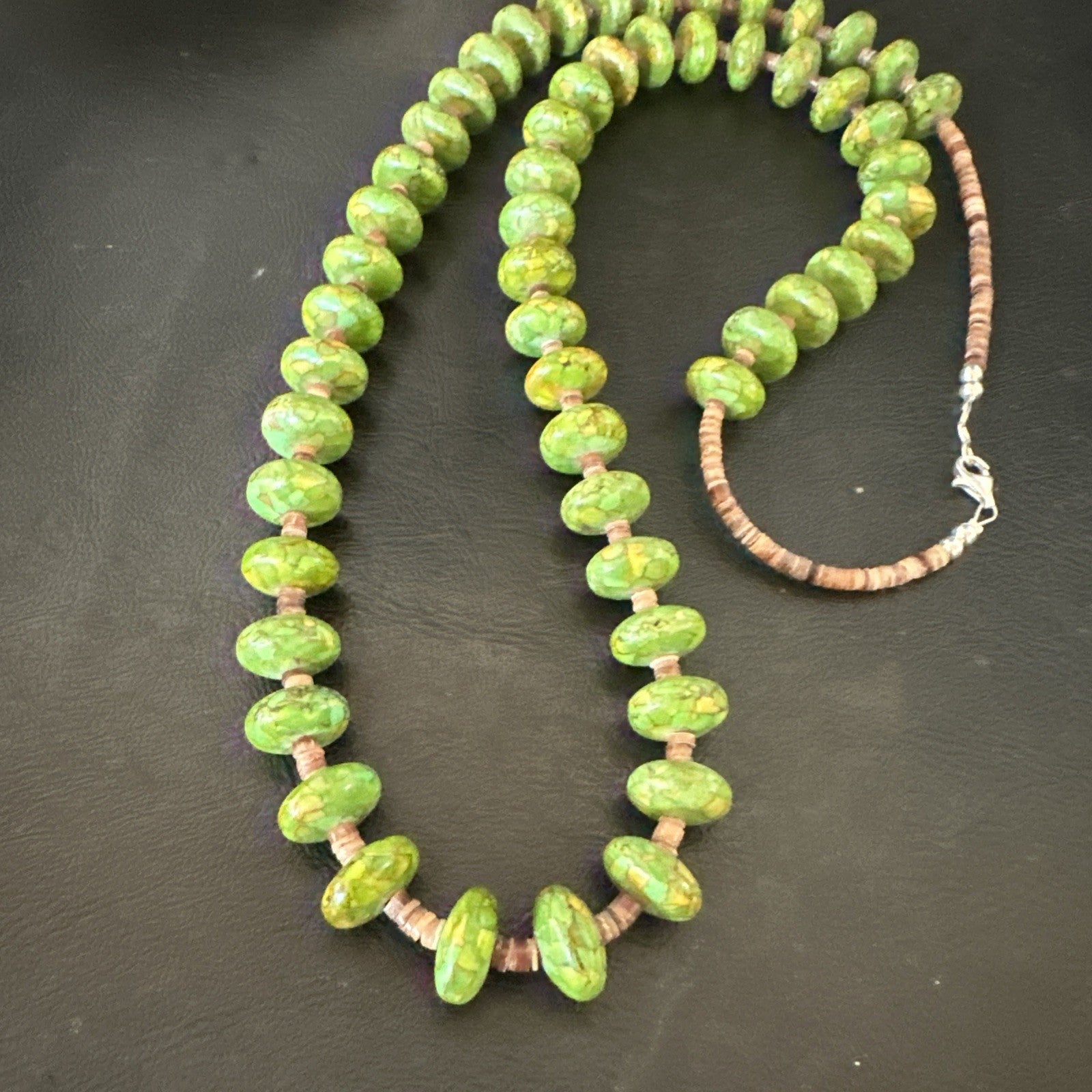 Green Mohave Turquoise Shell Santo Domingo Sterling Silver Necklace 32”19661