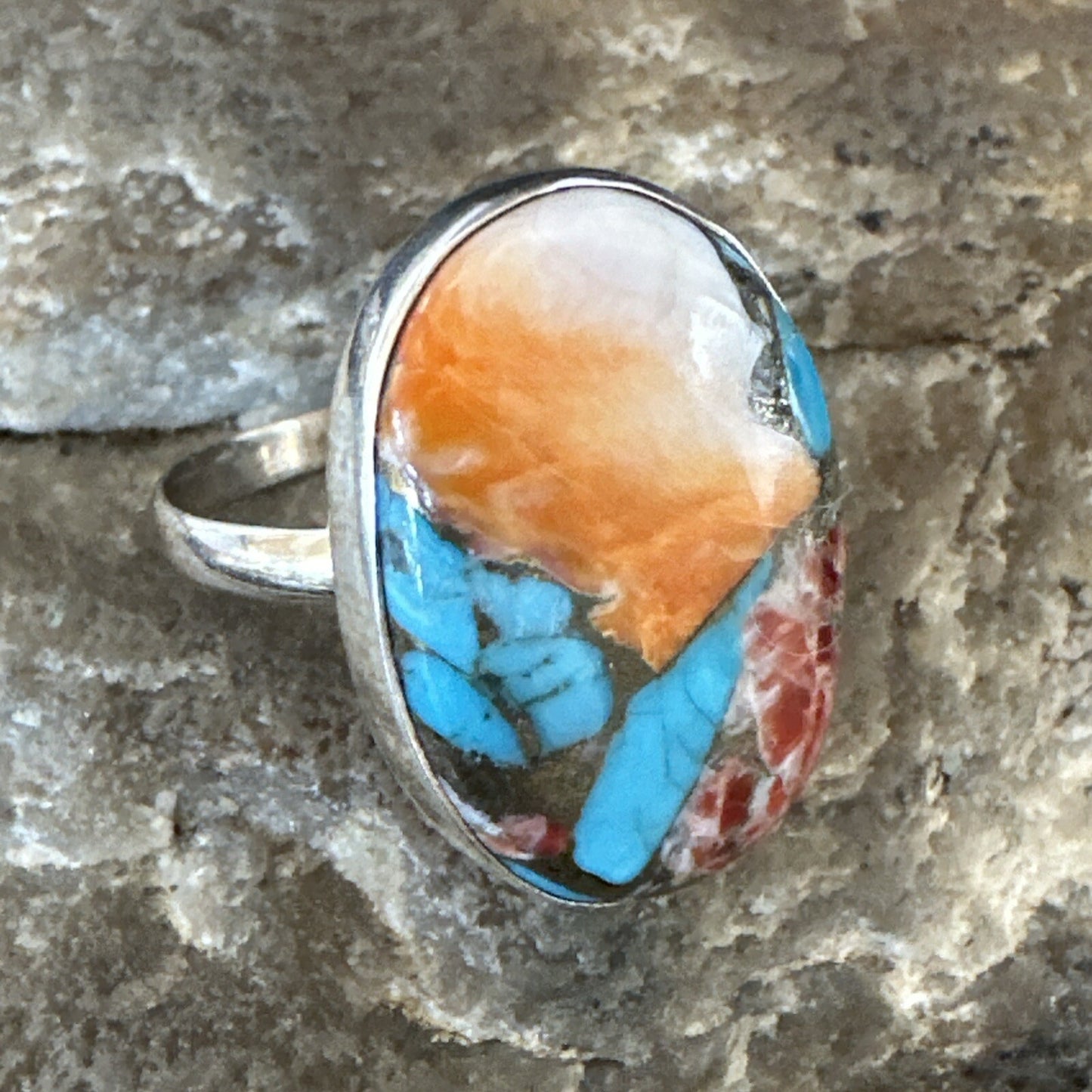 Blue Turquoise Spiny Oyster Navajo Sterling Silver Ring Size 8 18233