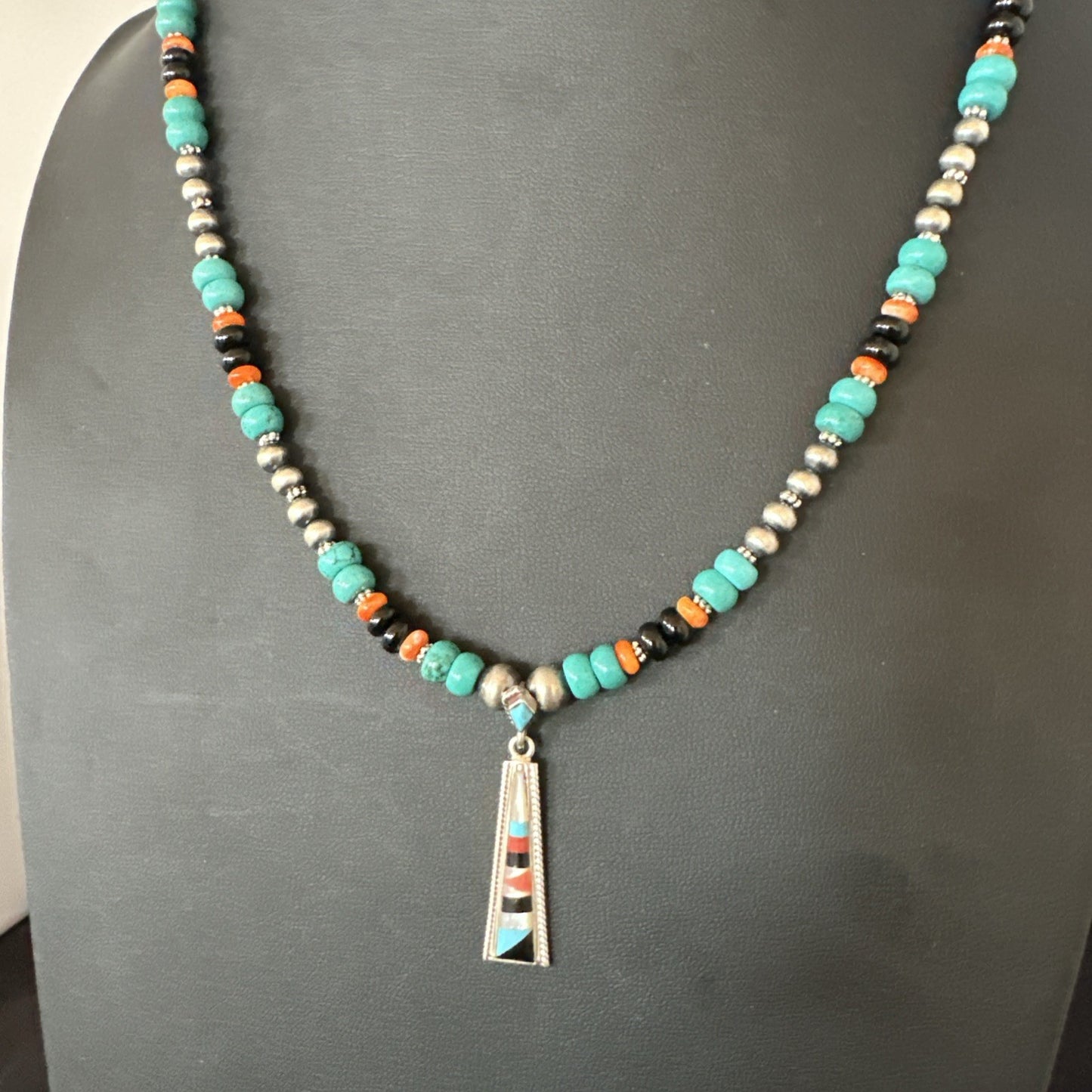 Multicolor Turquoise Spiny  Zuni Sterling Silver Inlay Pendant Necklace 19664