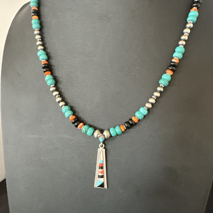 Multicolor Turquoise Spiny  Zuni Sterling Silver Inlay Pendant Necklace 19664
