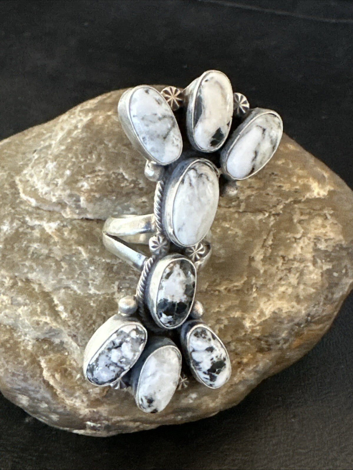 White Buffalo Turquoise Navajo Sterling Silver Cluster Ring Size 6.5 18623