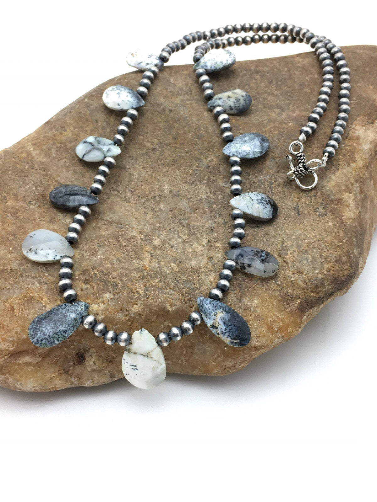 Black Rutile & Opal Pear Shaped Navajo Pearls Sterling Silver Necklace 04091