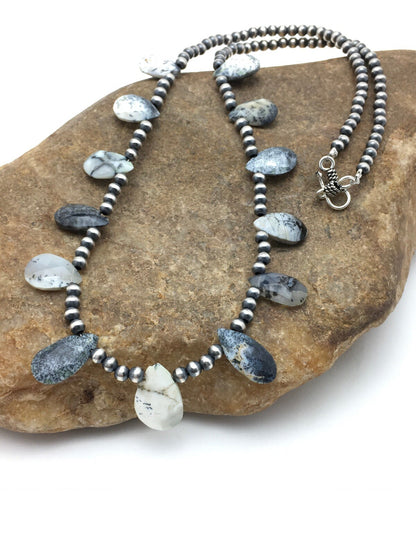 Black Rutile & Opal Pear Shaped Navajo Pearls Sterling Silver Necklace 04091