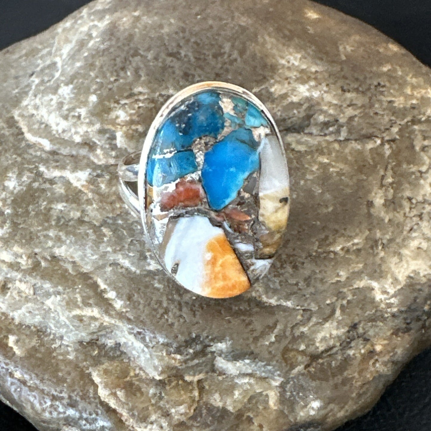 Blue Turquoise Spiny Oyster Southwestern Sterling Silver Ring Size 11 18448